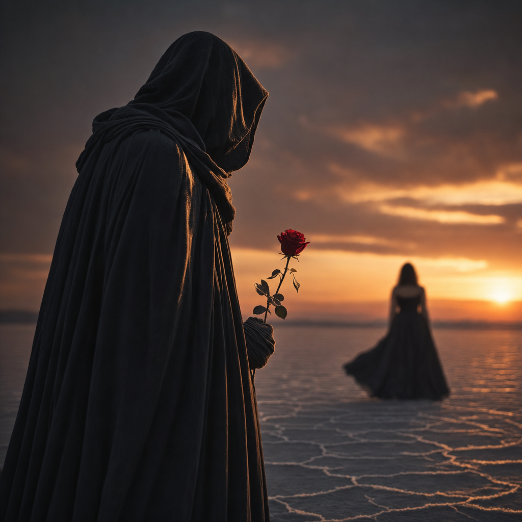 Charcoal Hooded Figure Holding Crimson Rose at Dusk