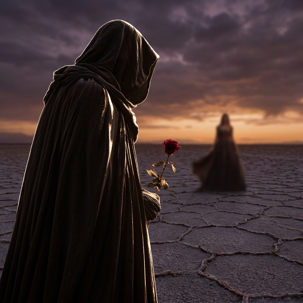 Charcoal Hooded Figure Holding Crimson Rose at Dusk
