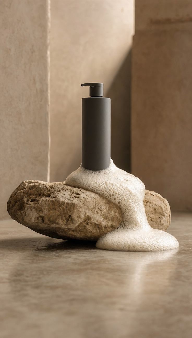 Charcoal matte shampoo bottle on beige stone