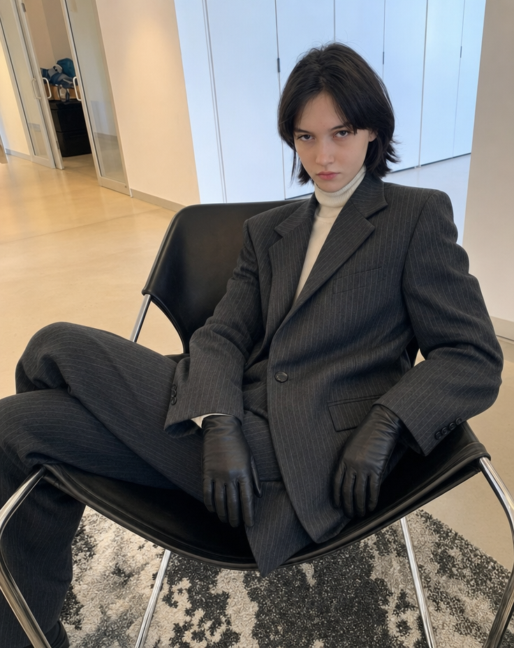 Charcoal pinstripe suit editorial portrait