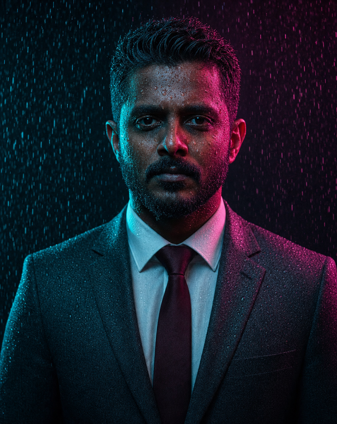 Charcoal suit man with maroon tie in neon rain