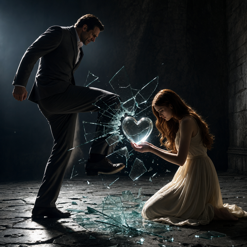 Charcoal-suited man shatters glass heart