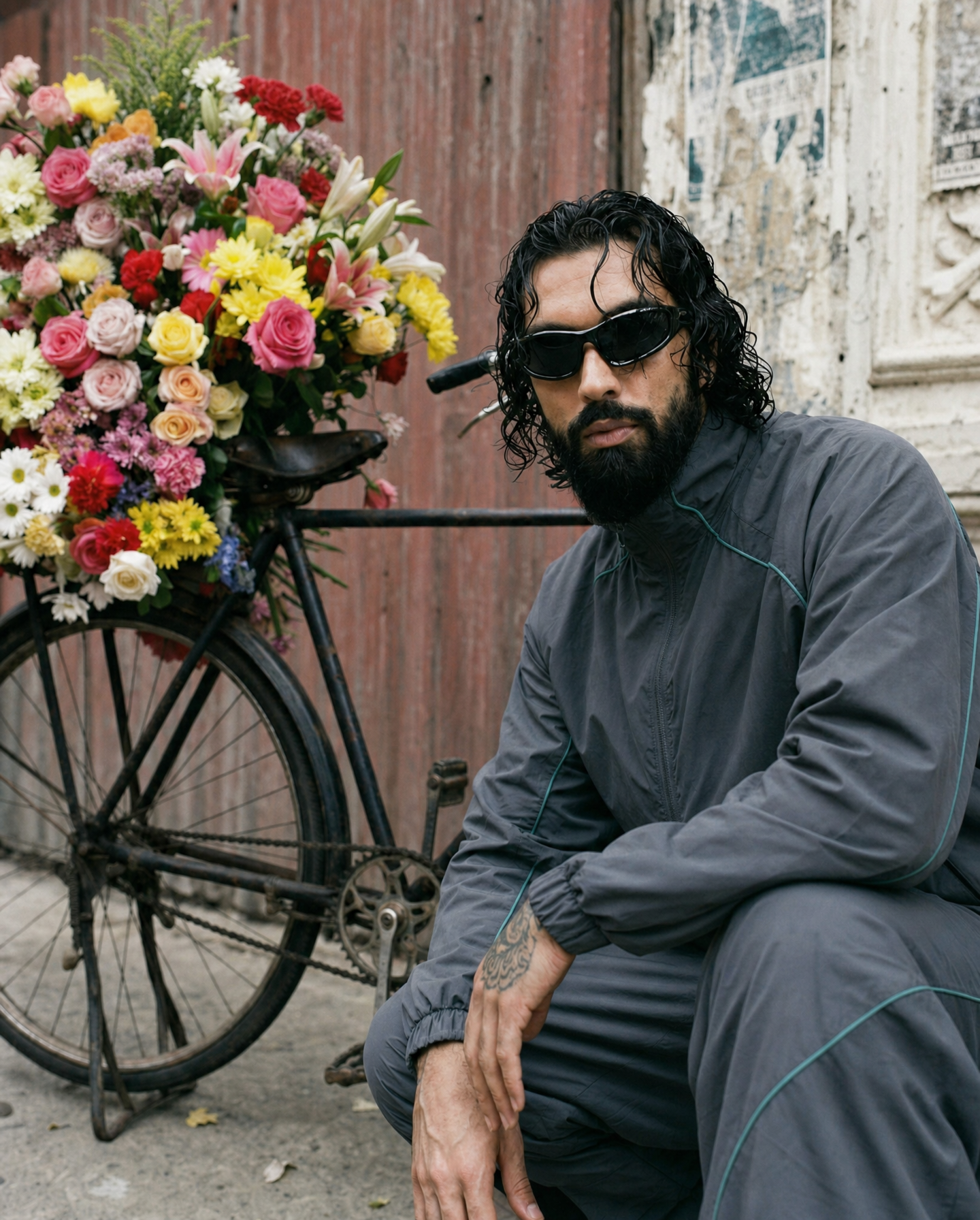 Charcoal Tracksuit and Flower Bicycle Alley