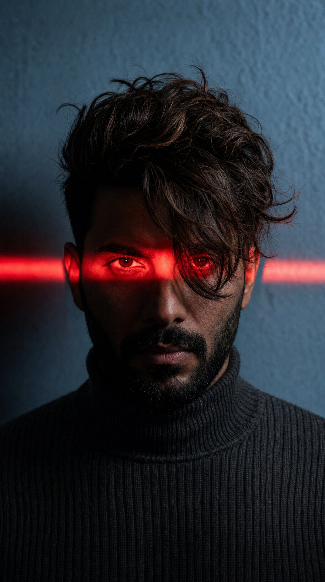 Charcoal turtleneck with red eye-beam