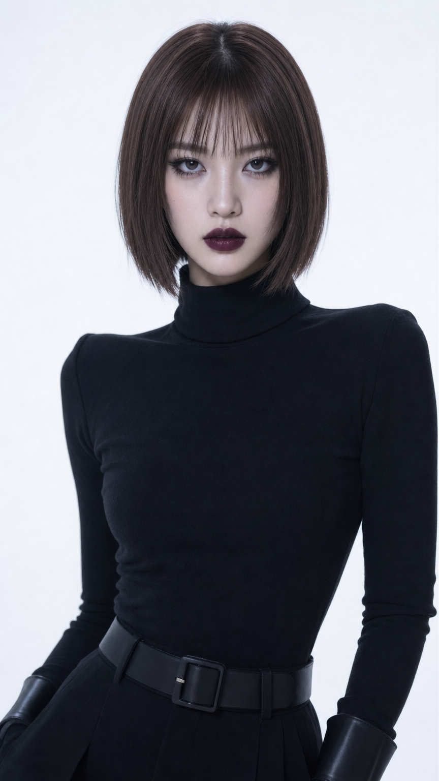 Chestnut Bob Woman in Black Turtleneck With Wide Belt