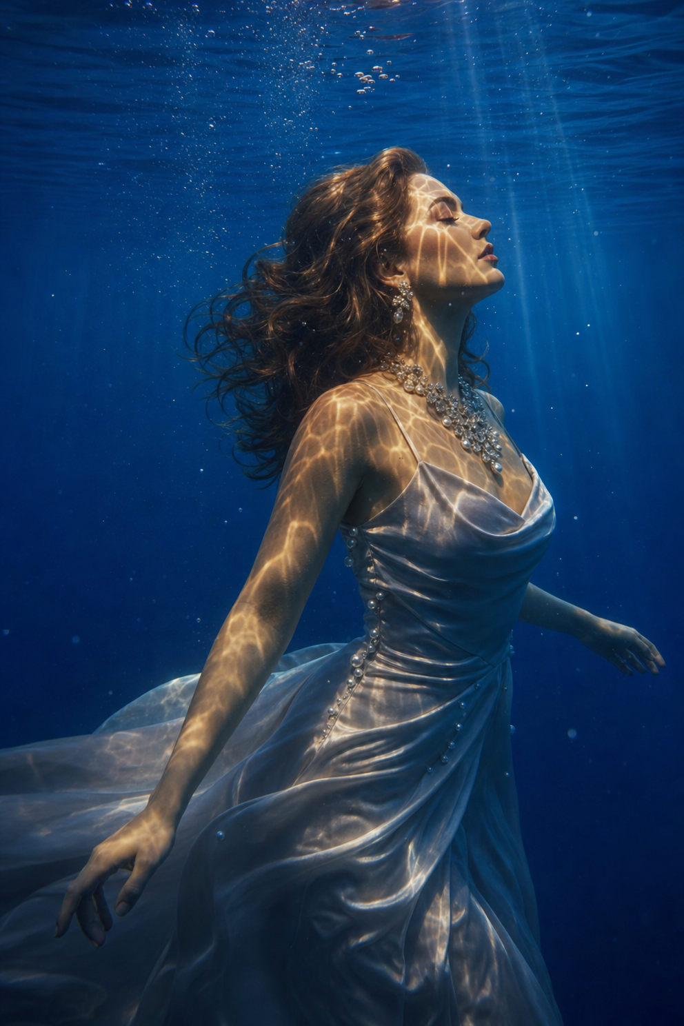 Chestnut-haired woman in cobalt underwater light