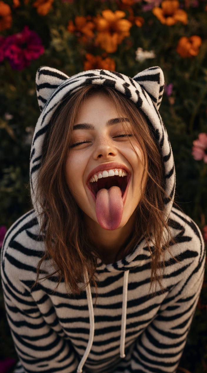 Chestnut-haired woman in zebra hoodie with cat ears