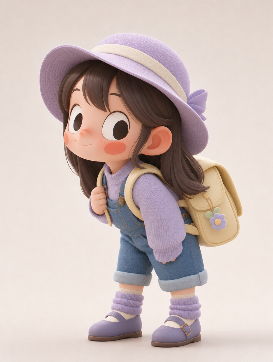 Lavender-dressed chibi girl with backpack and bow