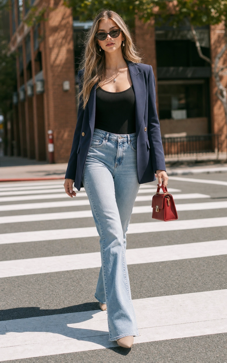 Chic woman strides in afternoon sun