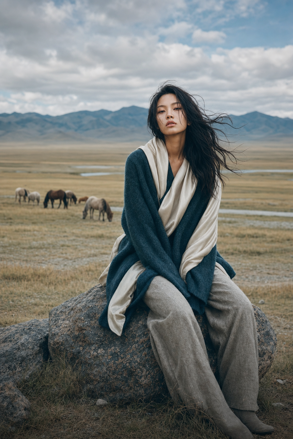 Chinese model in teal wool coat on boulder