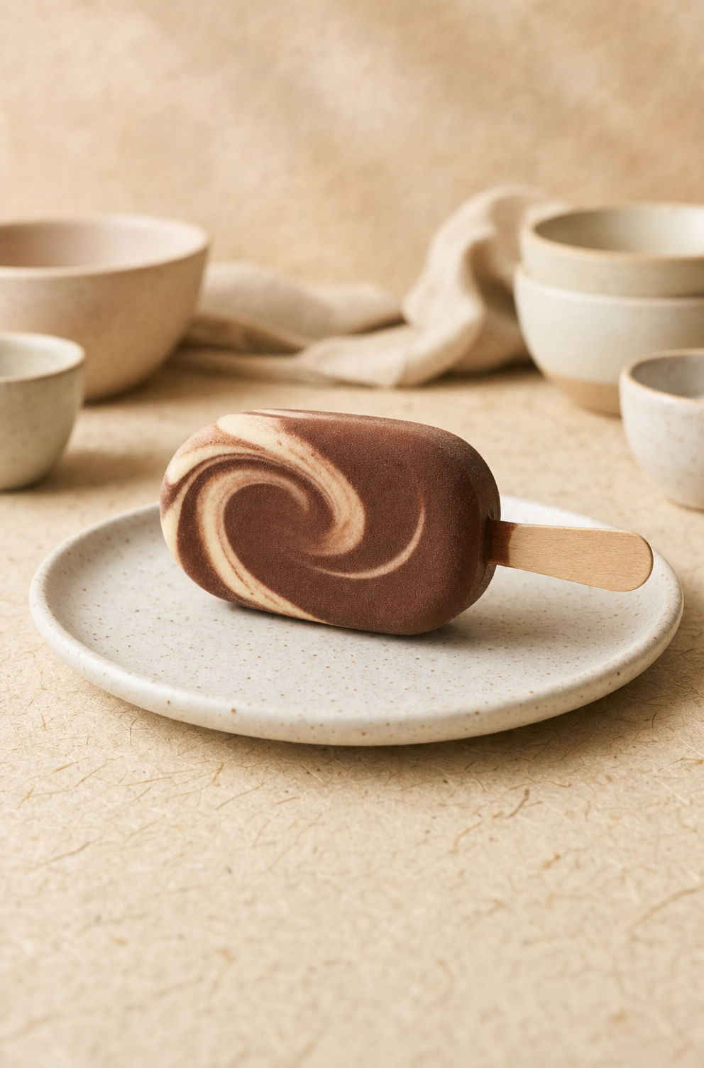 Chocolate and cream ice cream bar on speckled plate
