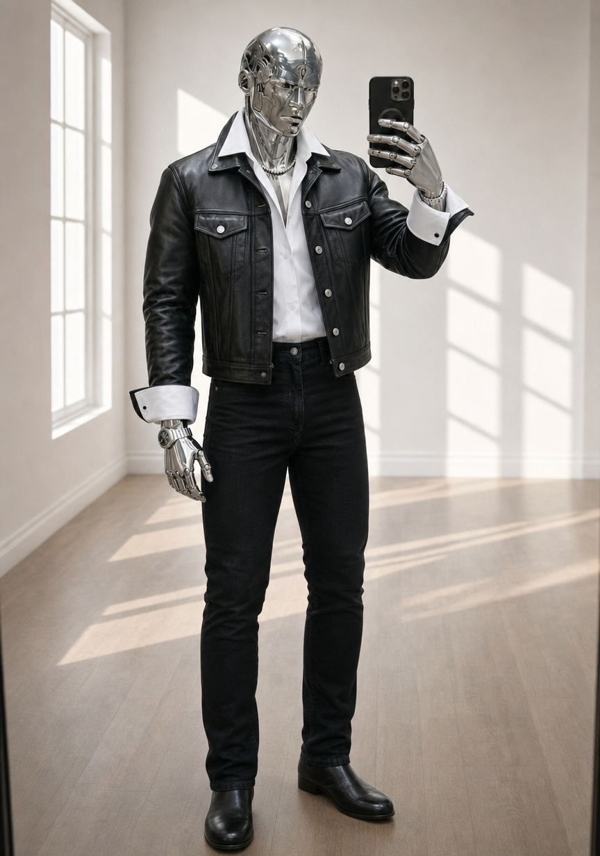 Chrome-faced humanoid in black leather denim room