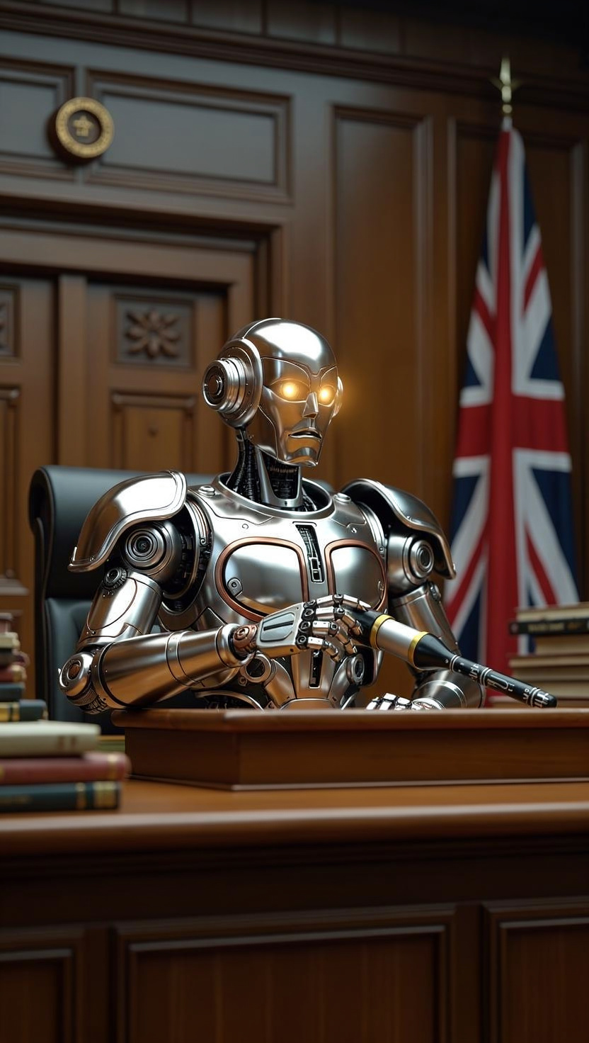 Chrome Robot Judge with Amber Eyes — flux-2-pro