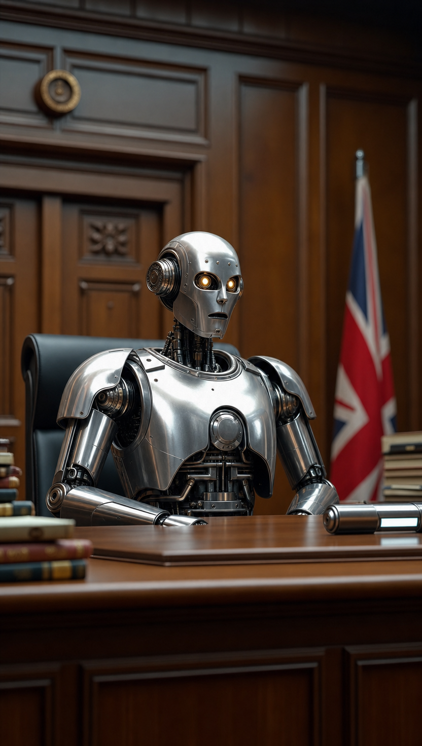 Chrome Robot Judge with Amber Eyes