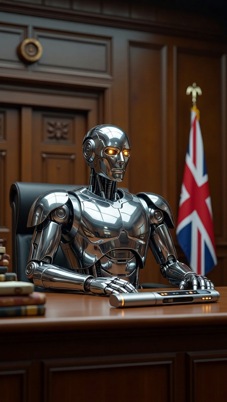 Chrome Robot Judge with Amber Eyes