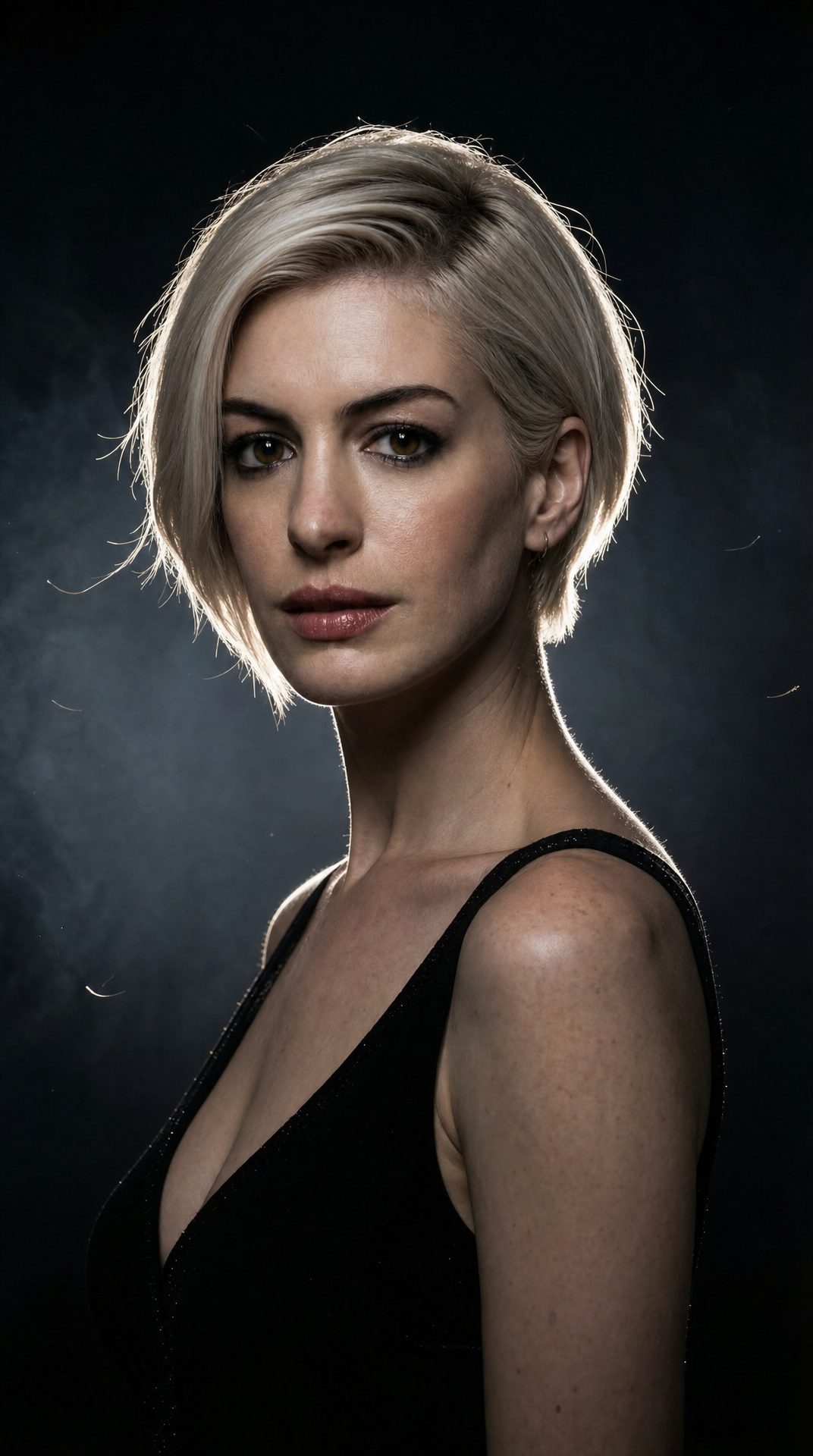 Short-haired blonde woman in dramatic studio light