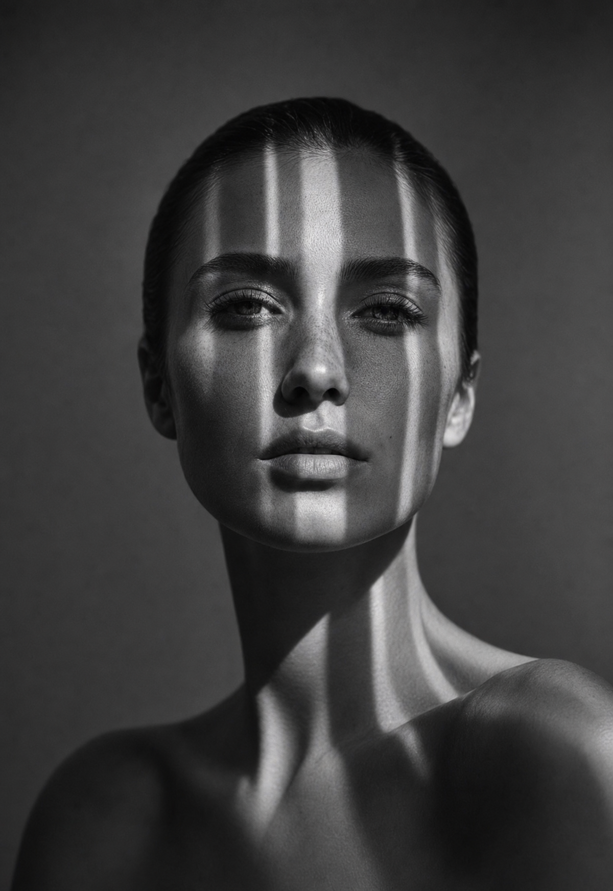 Sleek-haired model in geometric light sculpture