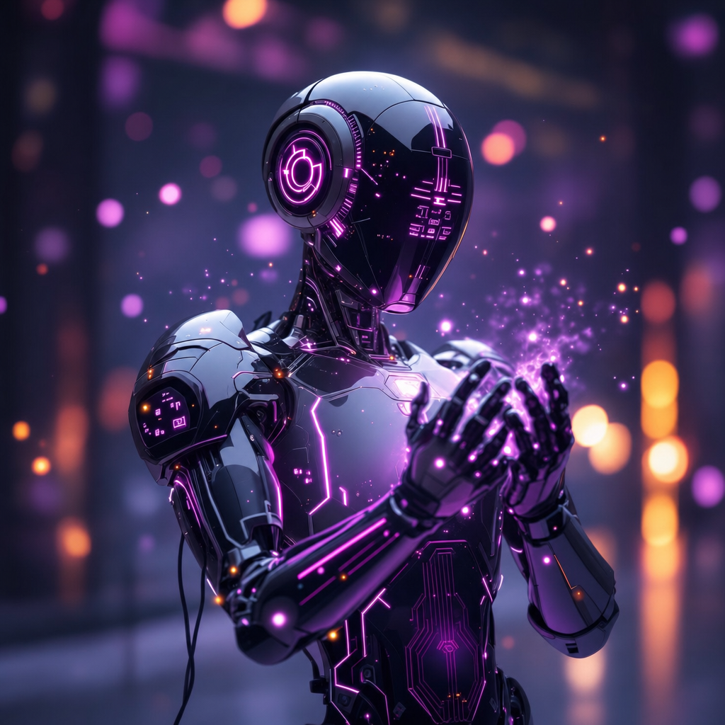 Clasped Matte Silver and Violet AI Robot Portrait