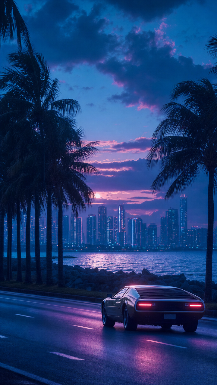 Classic sports car with wet road at blue hour