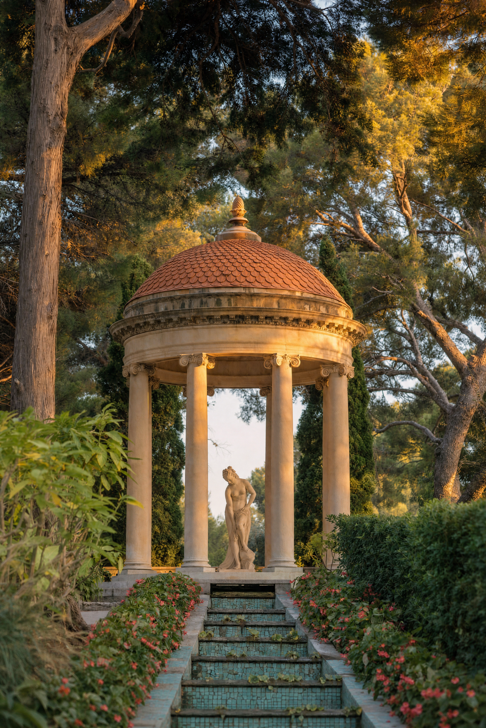 Classical Garden Pavilion with Terracotta Roof and Statue