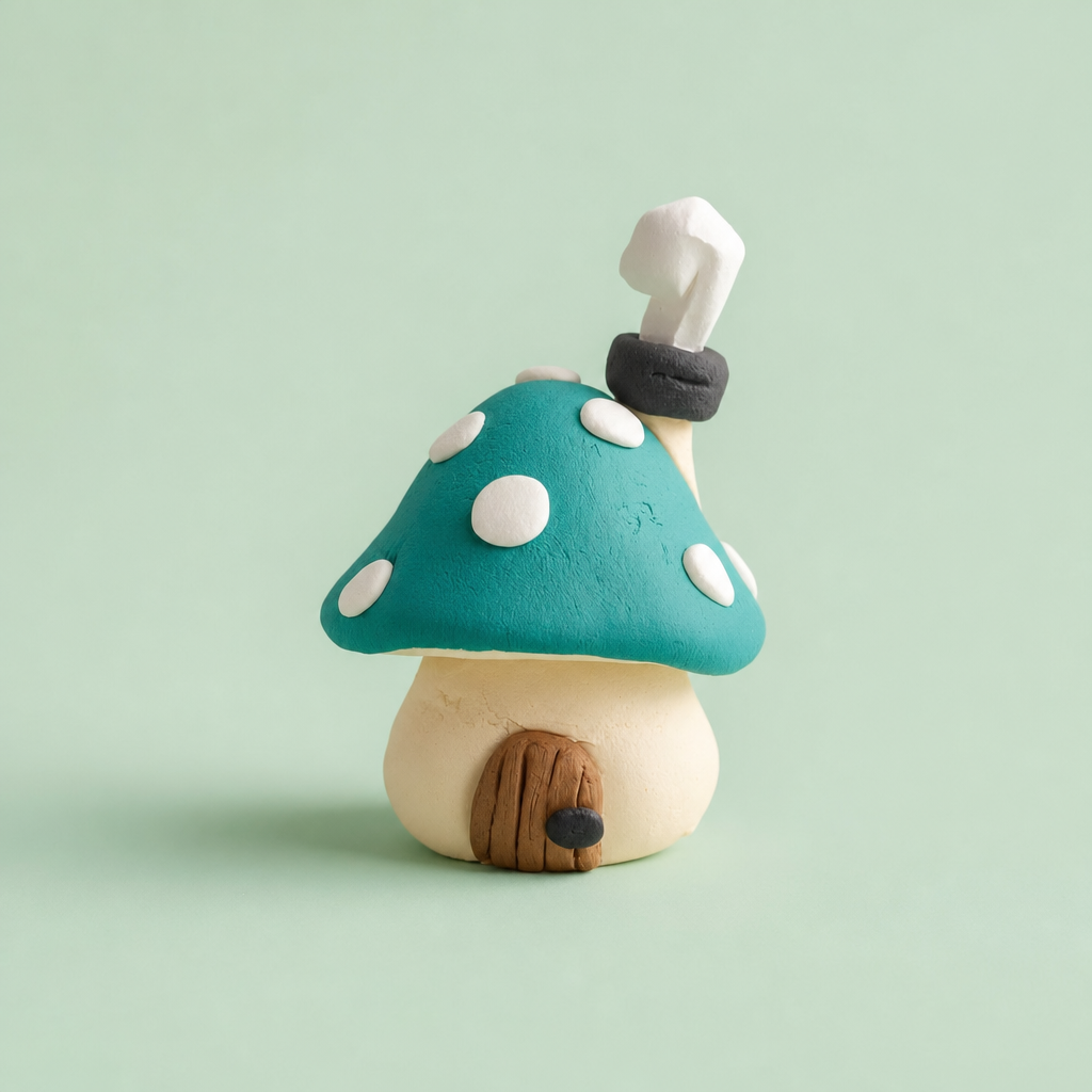Clay Mushroom House with Teal Cap and Wooden Door
