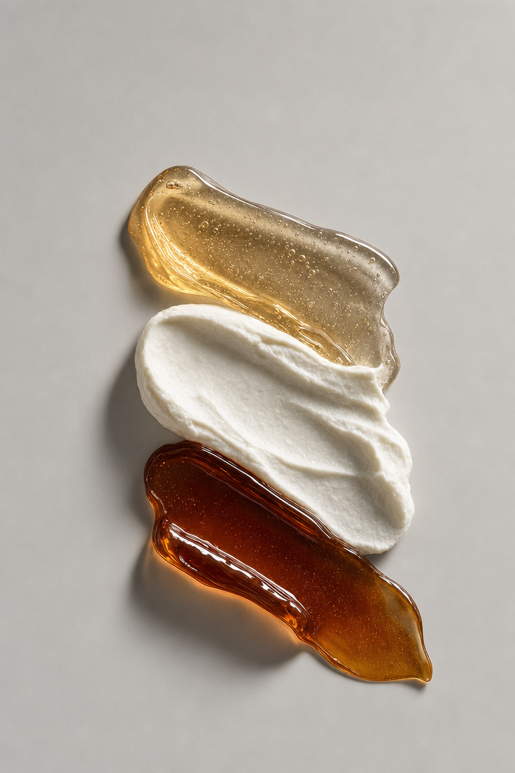 Clear amber gel, off-white cream, cognac serum swatches