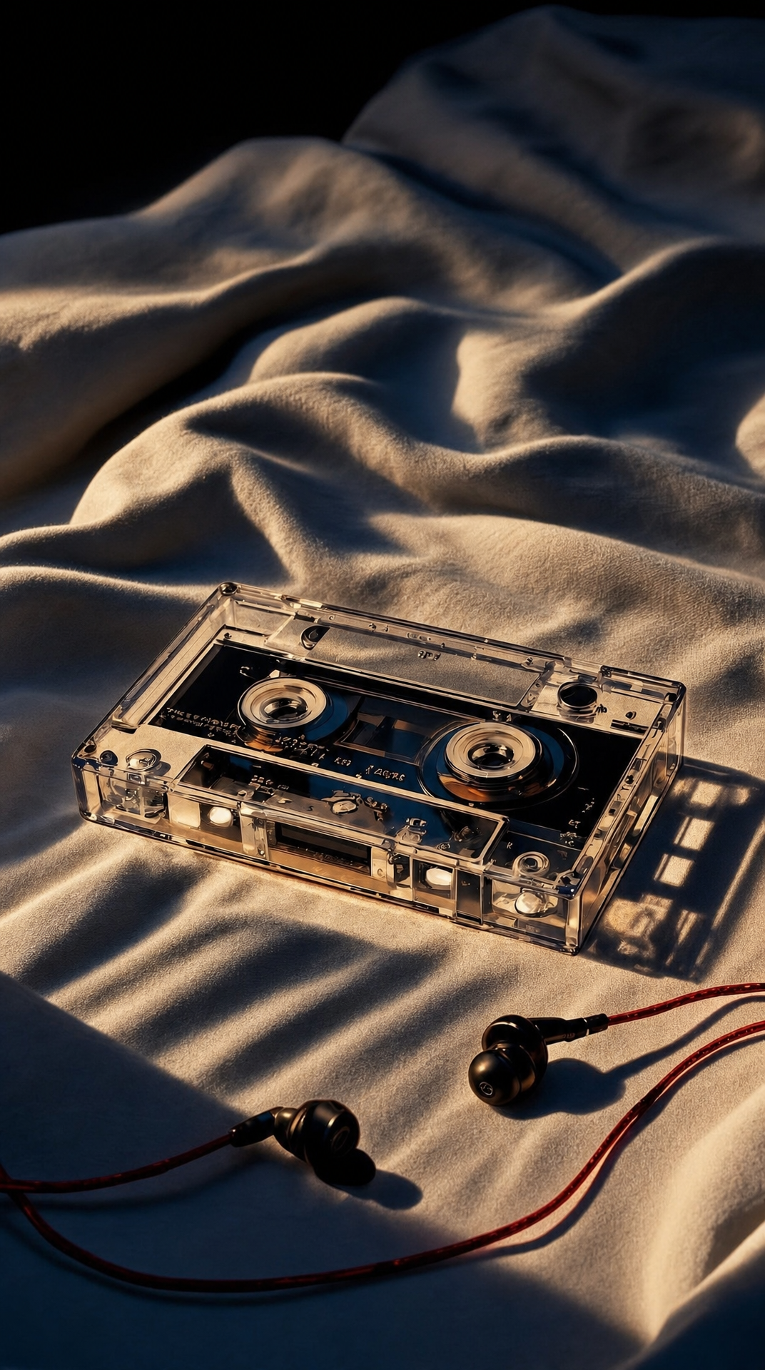 Clear cassette tape with red earbuds on gray fabric
