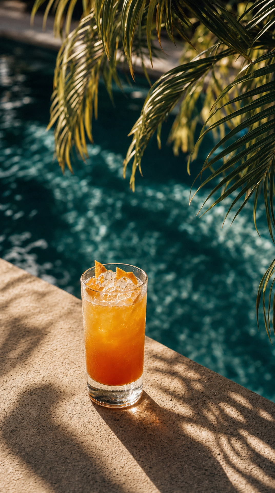 Clear highball orange cocktail by teal pool