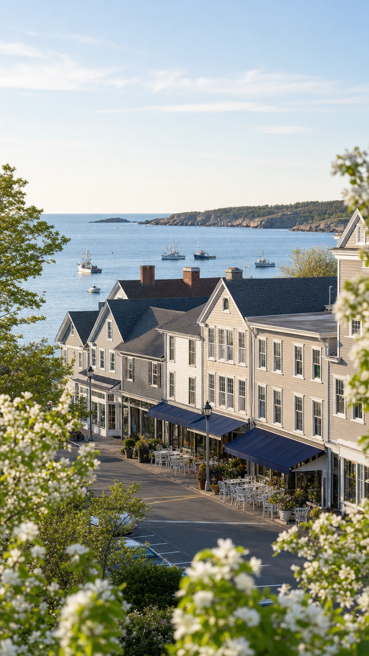 Spring Morning on a Coastal New England Harbor Street