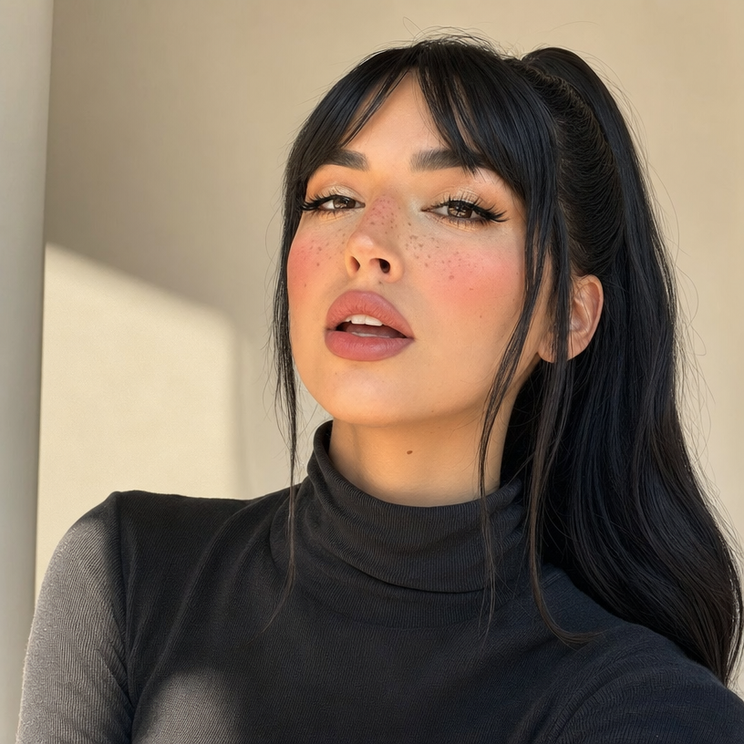 Elegant Woman with Sleek Ponytail and Warm Makeup