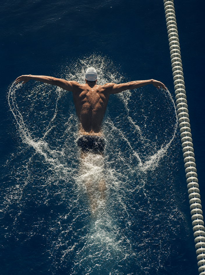 Competitive Swimmer Mid-Stroke With Lane Line
