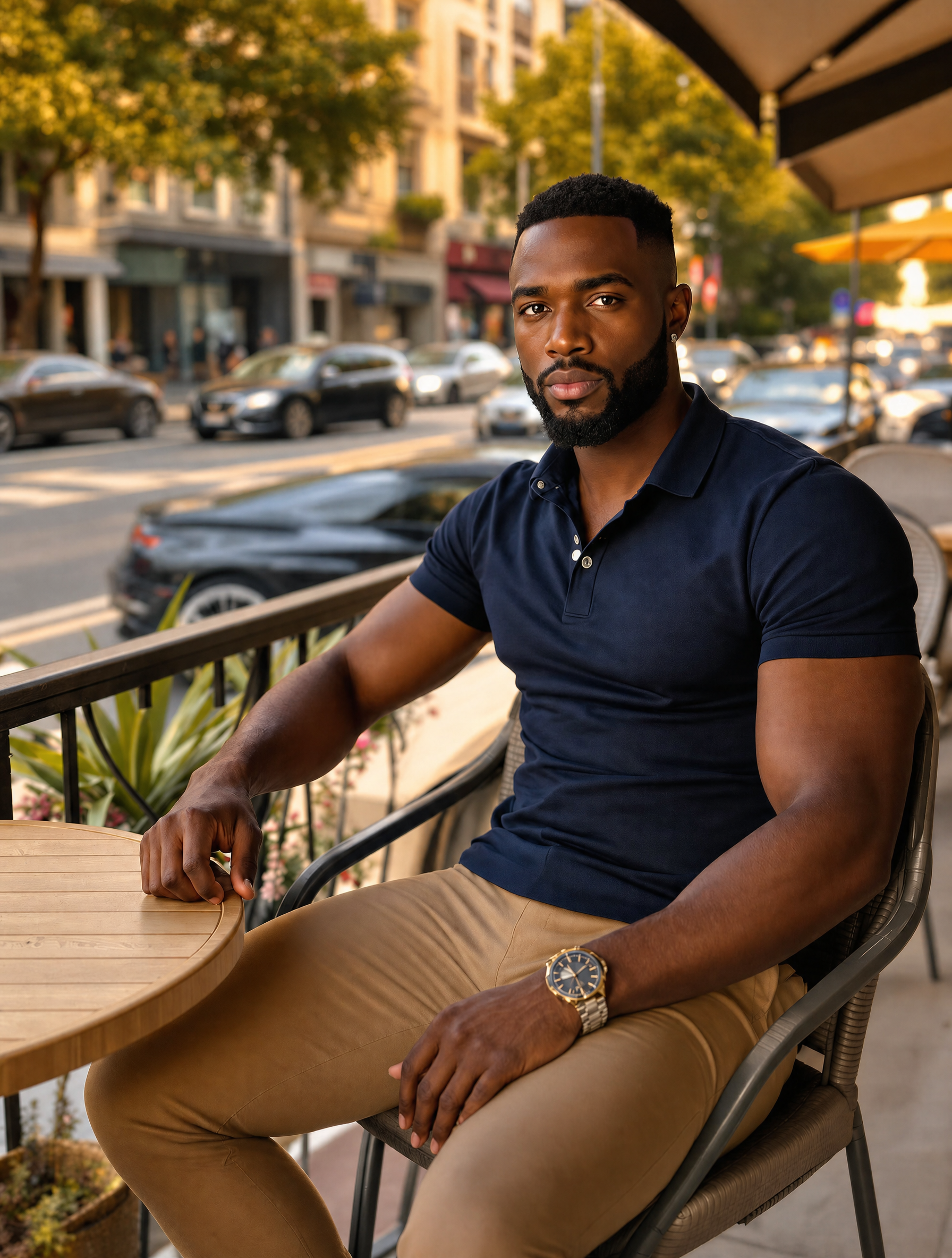 Confident man at golden-hour cafe