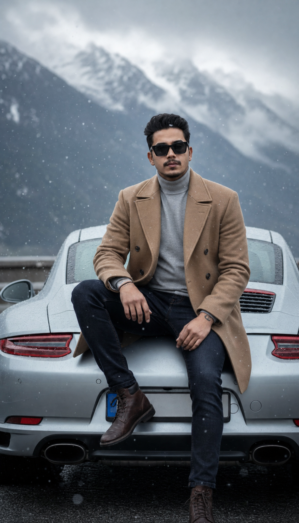 Confident man in camel coat by Porsche 911