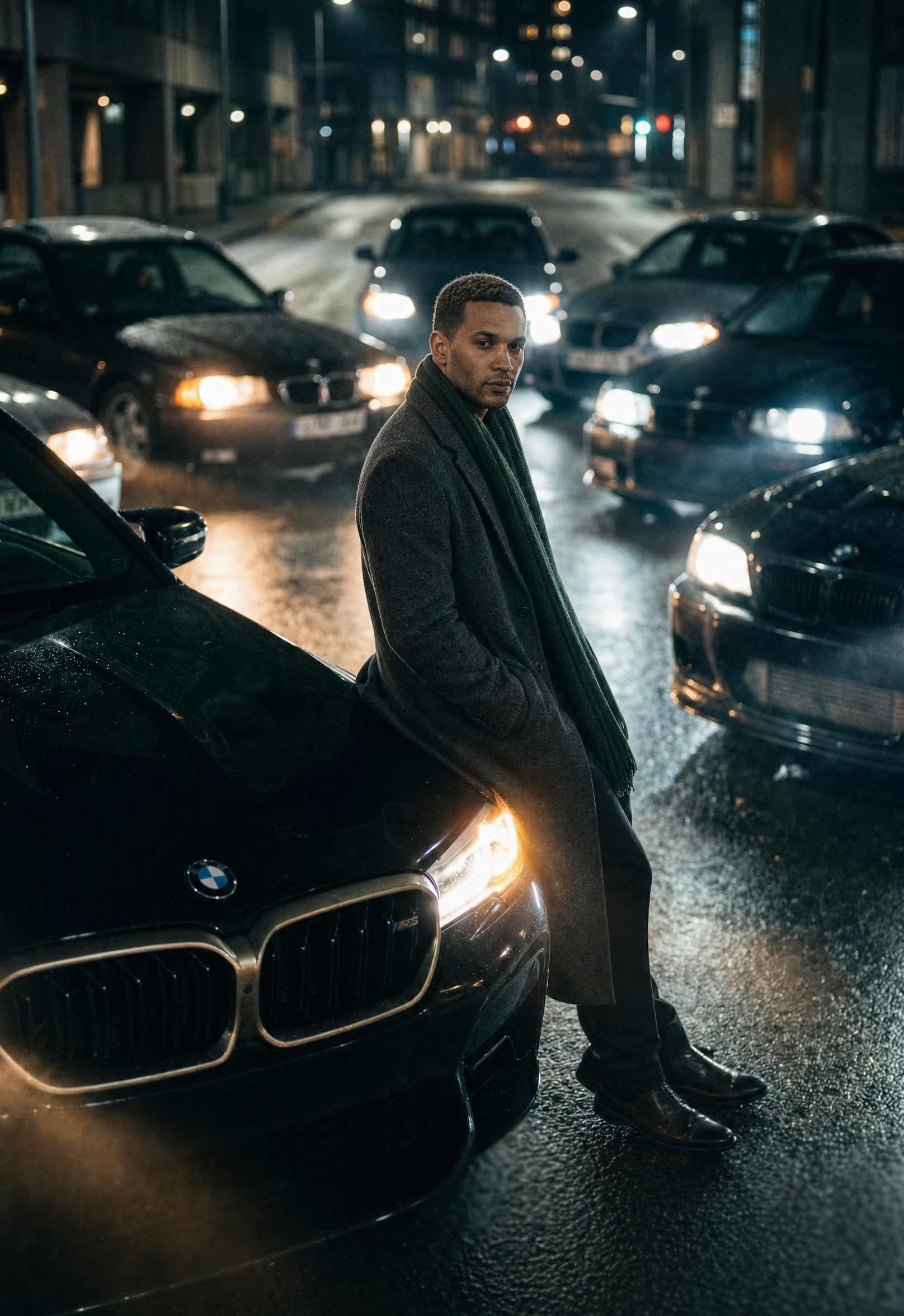 Confident man in charcoal coat leaning on black BMW