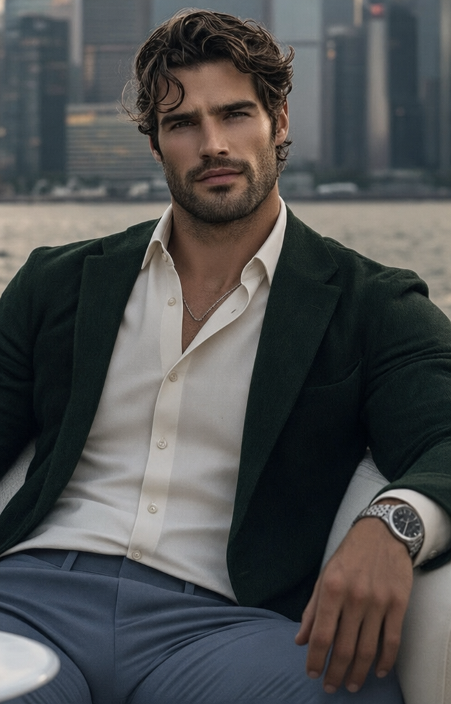 Confident man in deep green blazer by harbor