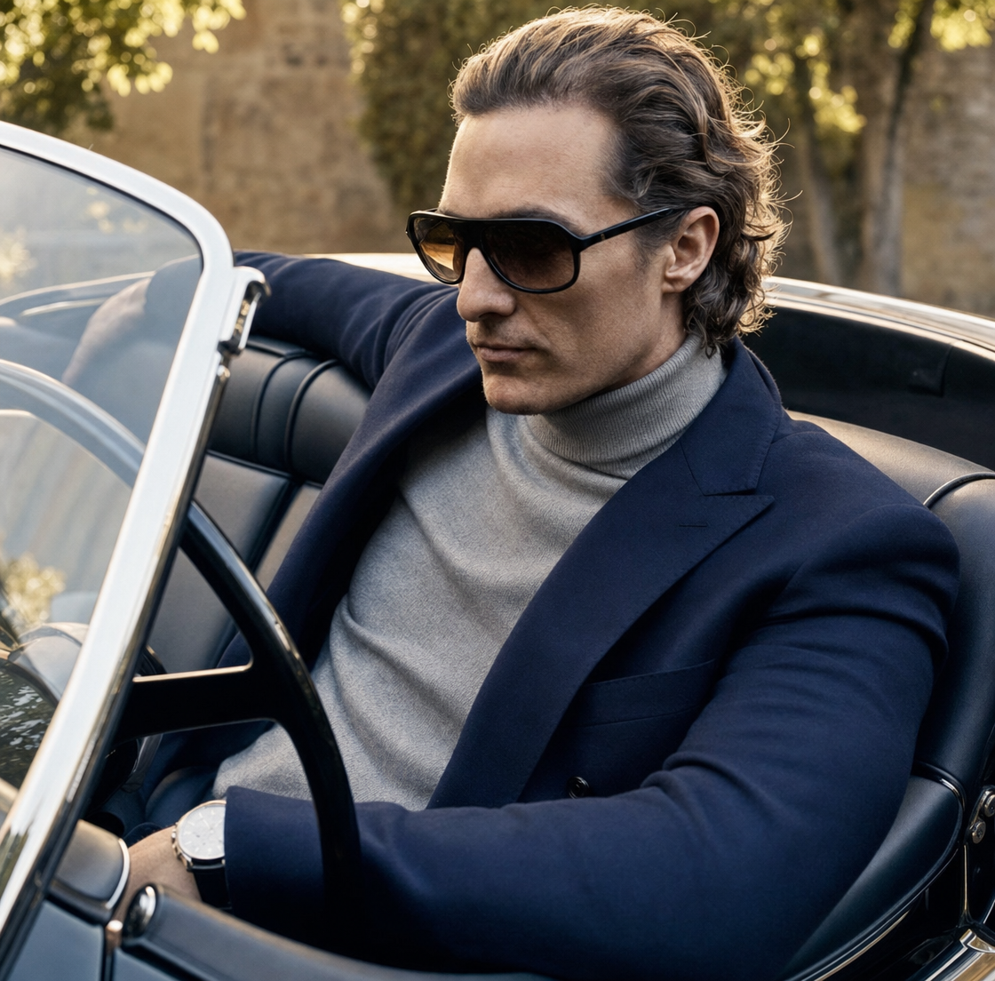 Confident man in navy blazer with gray turtleneck