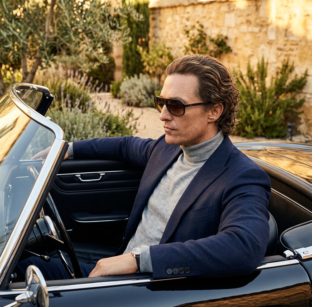 Confident man in navy blazer with gray turtleneck