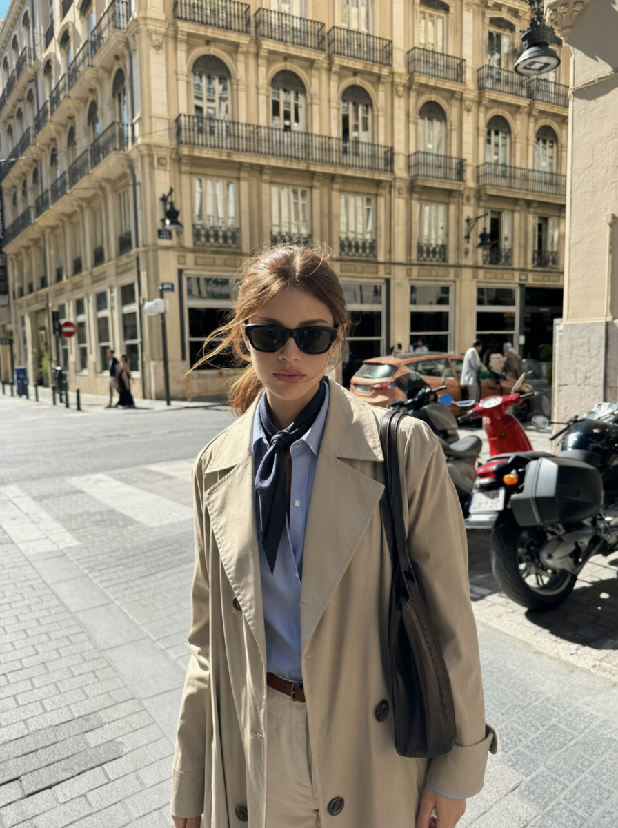 Confident model in beige trench