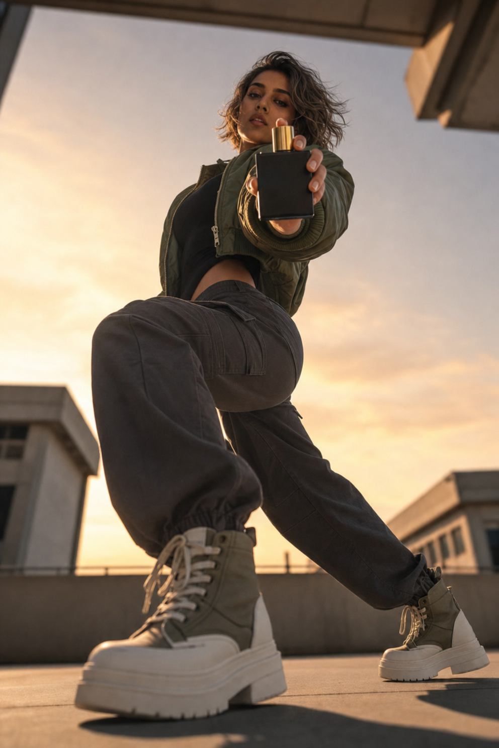 Confident model with perfume at dusk