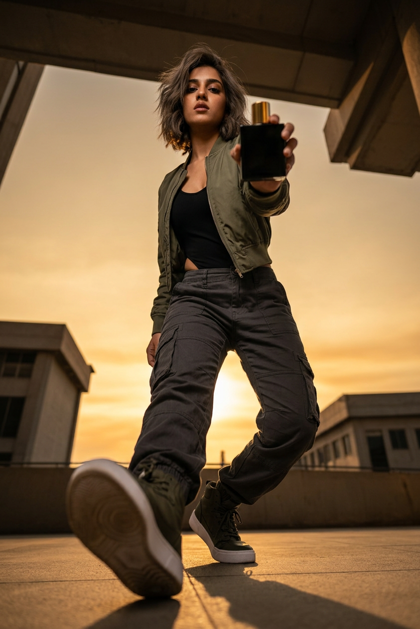 Confident model with perfume at dusk — nano-banana-2