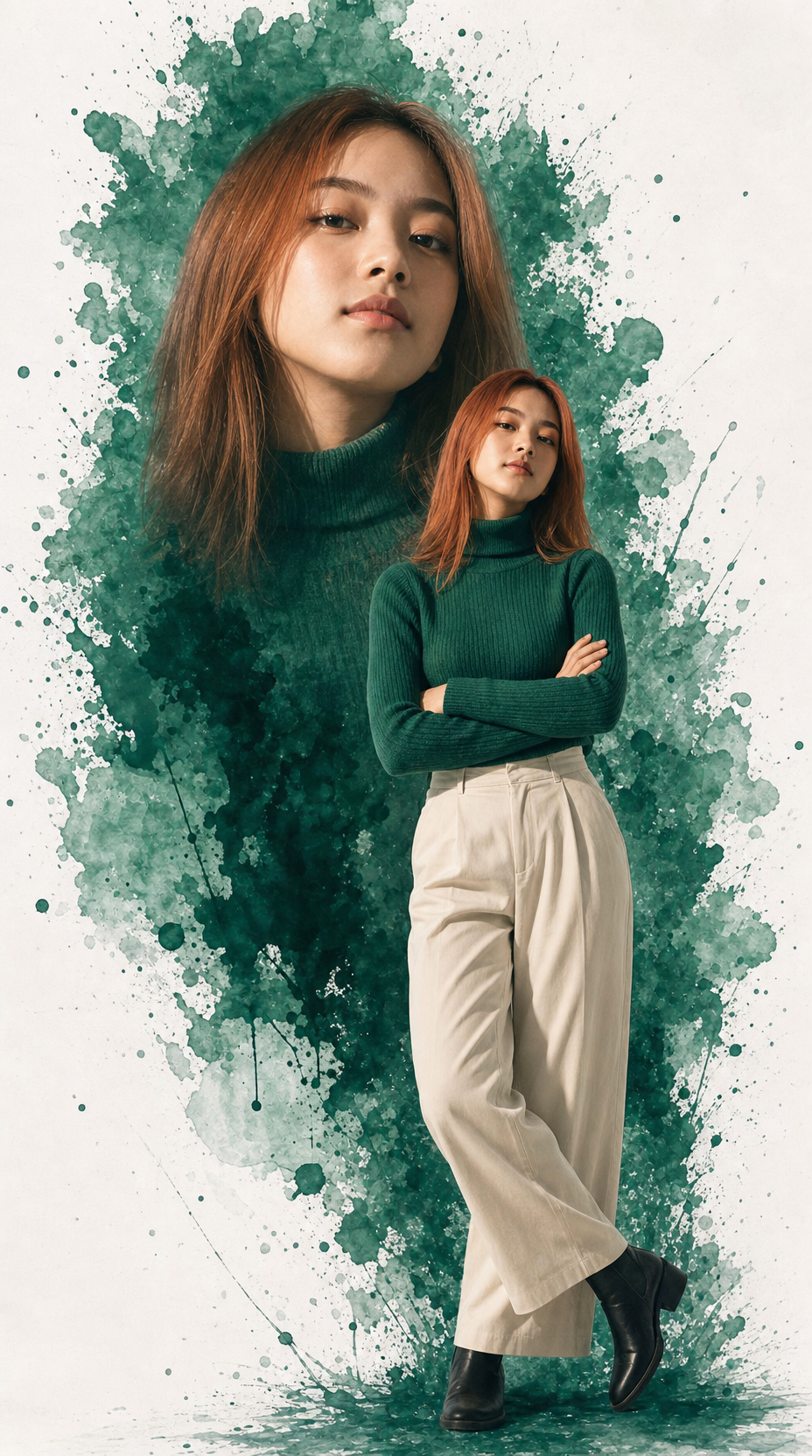 Confident Woman in Green Watercolor Double Exposure