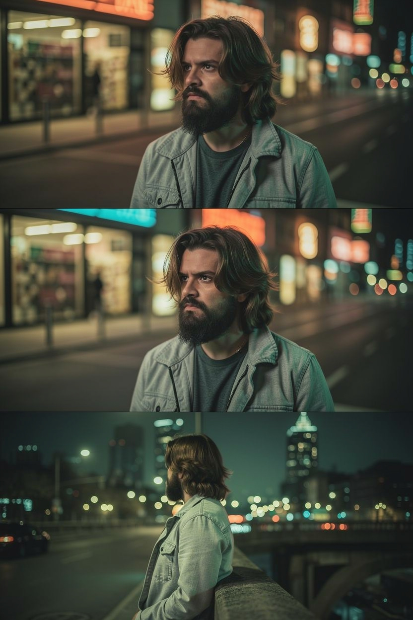 Contemplative Bearded Man in Neon Night