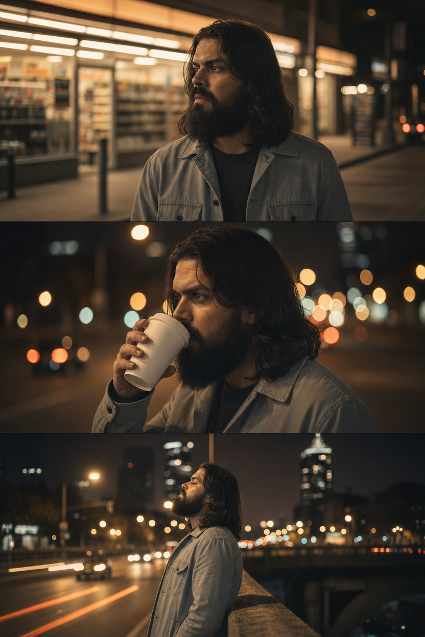 Contemplative Bearded Man in Neon Night