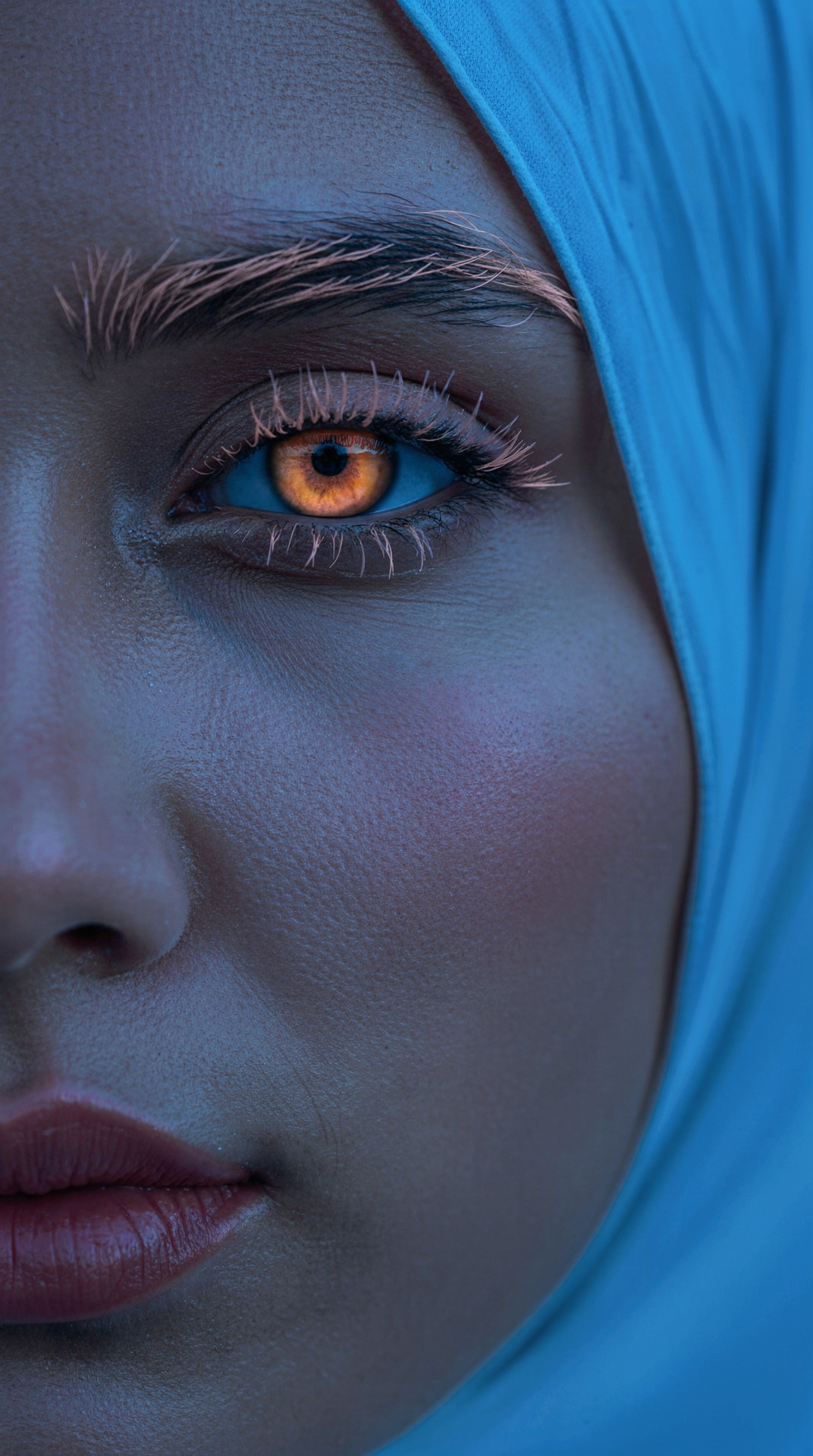 Contemplative man with amber eye close-up