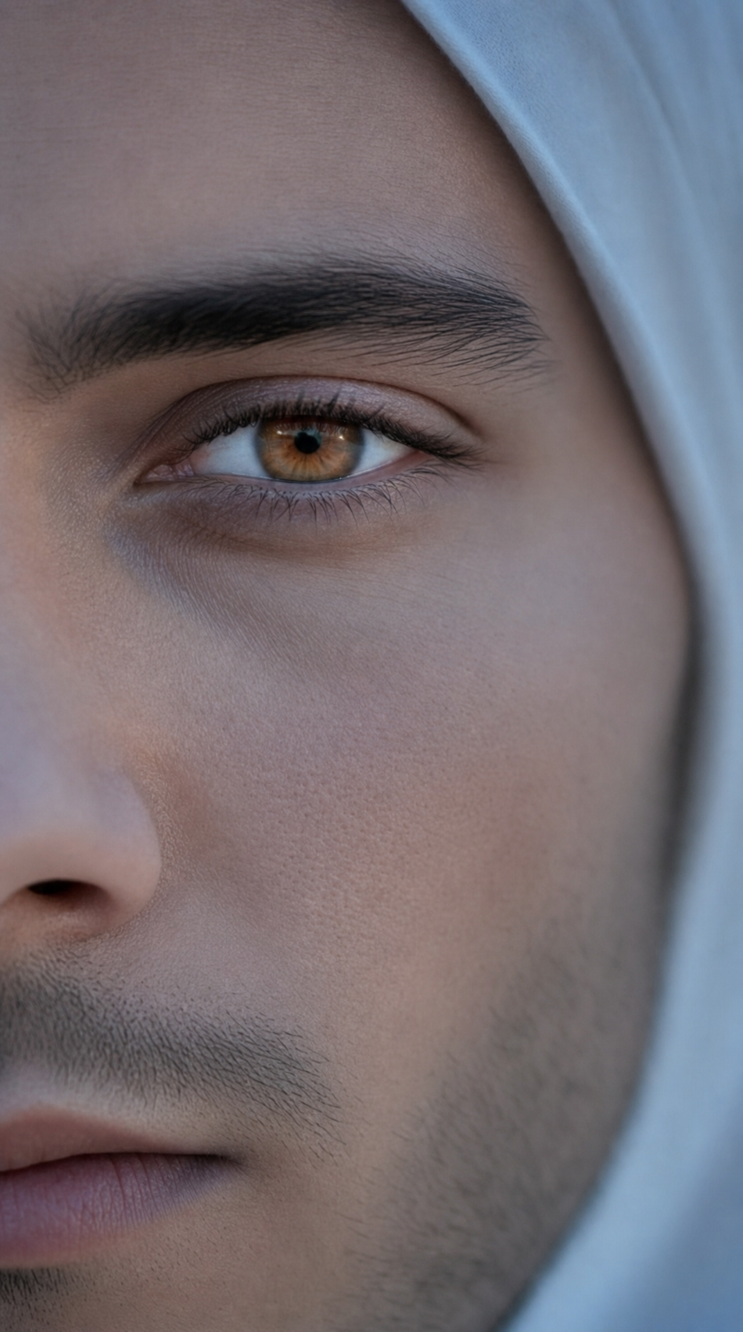 Contemplative man with amber eye close-up