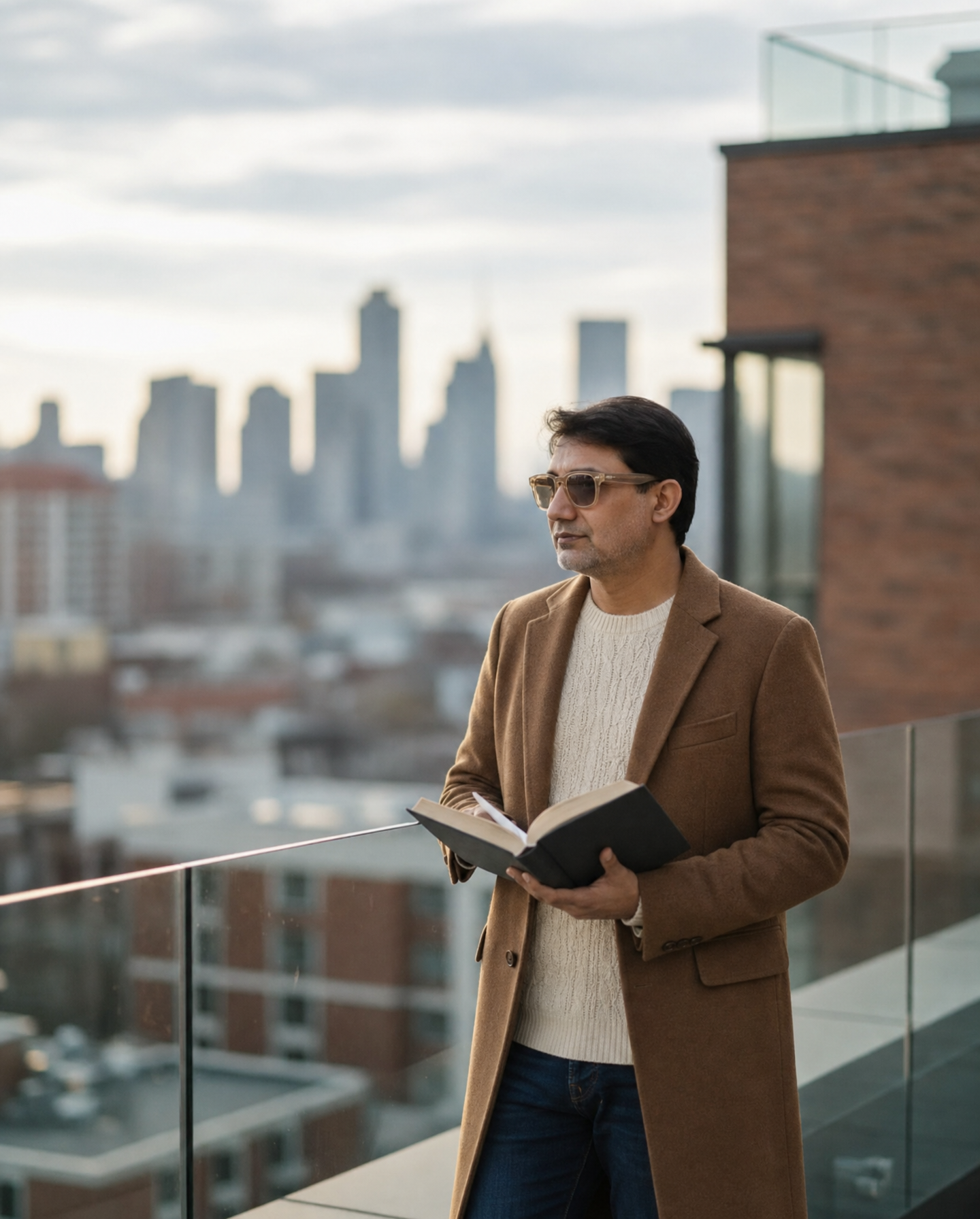 Contemplative Rooftop Reader at Dusk