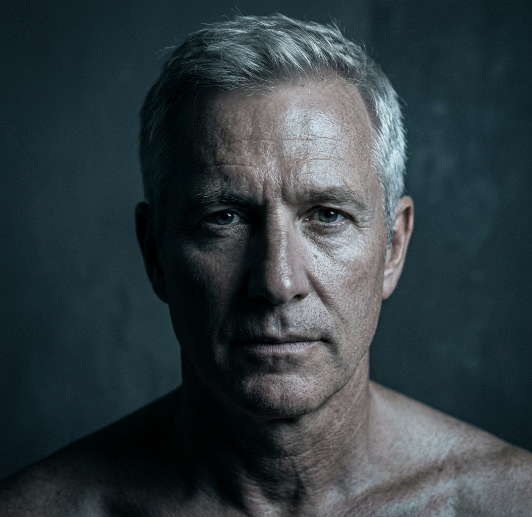 Contemplative silver-haired man in cool chiaroscuro