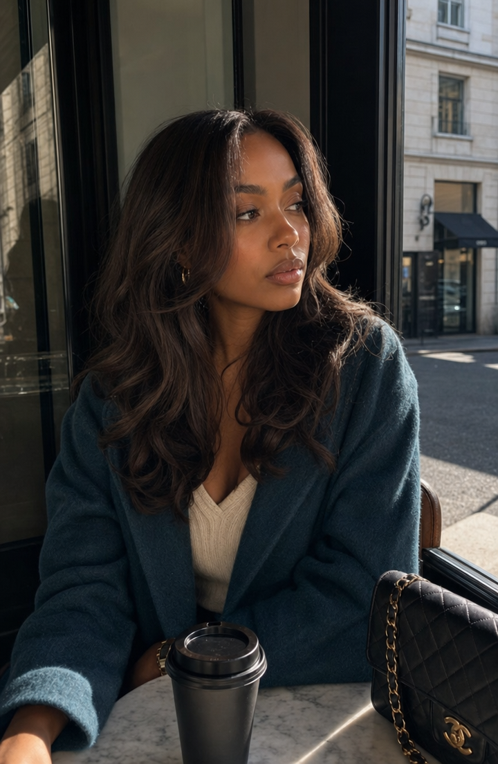Contemplative woman by Paris cafe window
