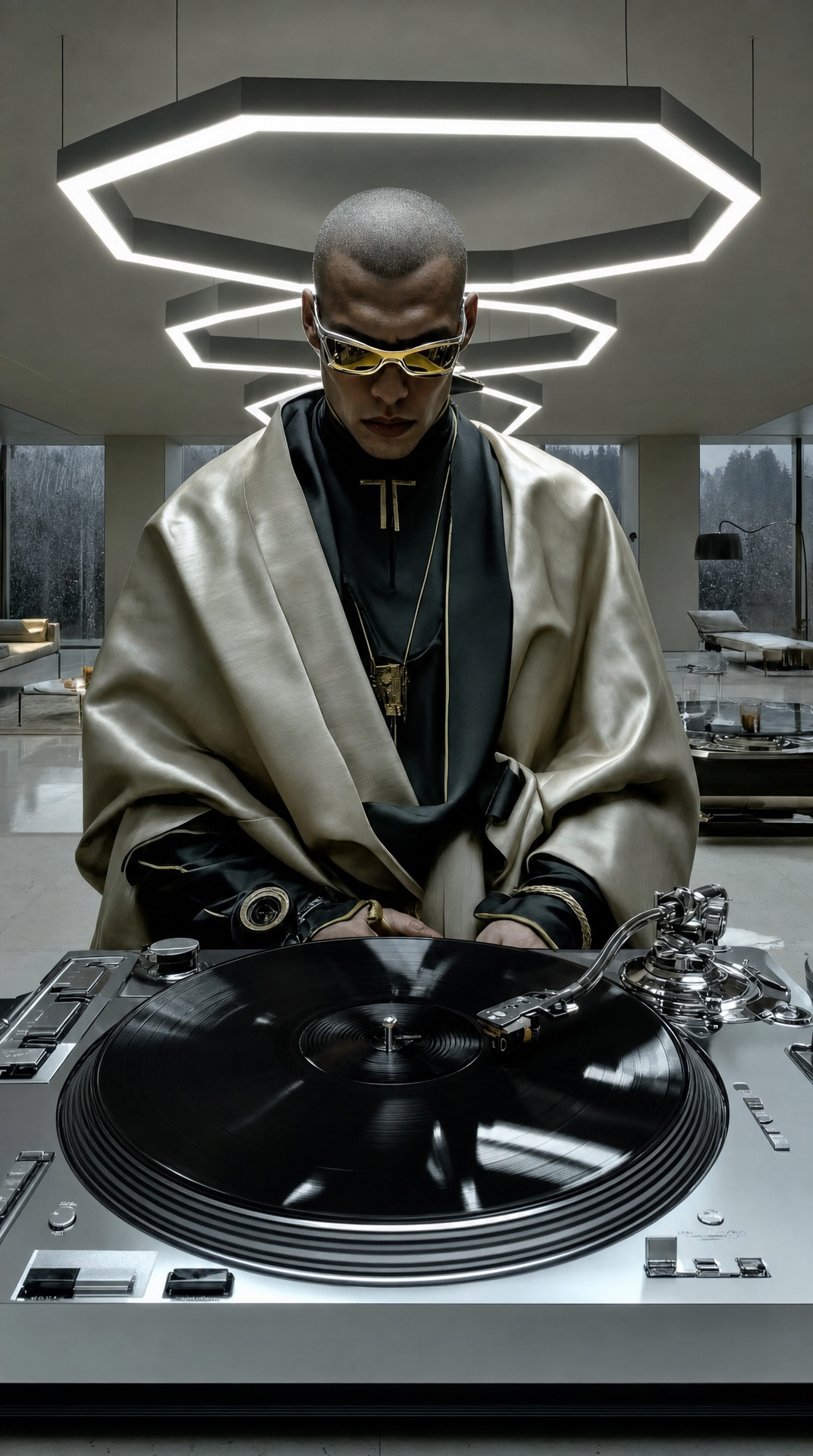Cool futuristic DJ at black turntable