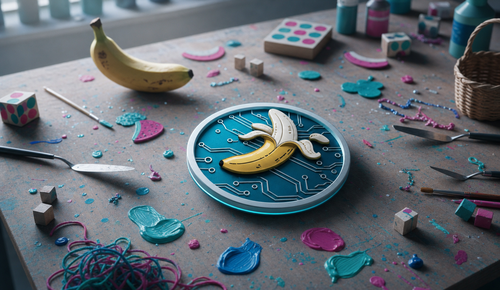 Cool-toned banana logo badge on bench